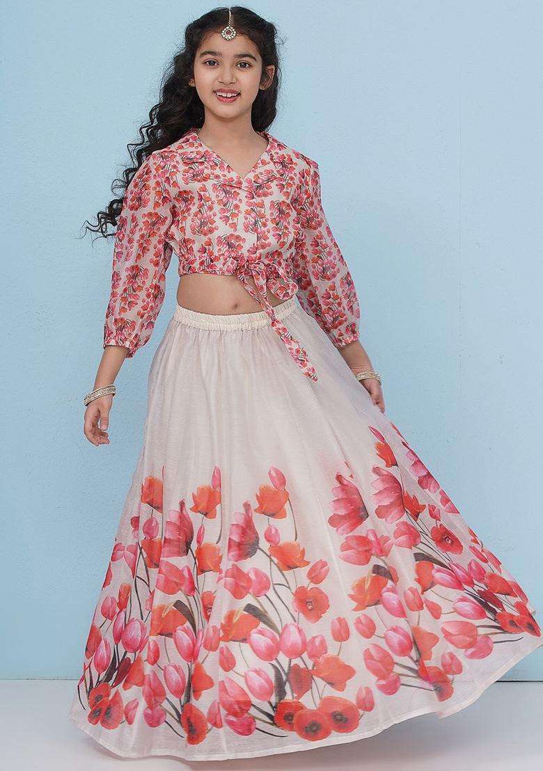Grey Printed Silk Lehenga Set For Girls - Indya