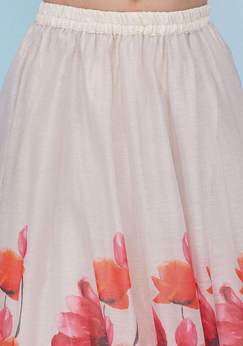 Grey Printed Silk Lehenga Set For Girls - Indya
