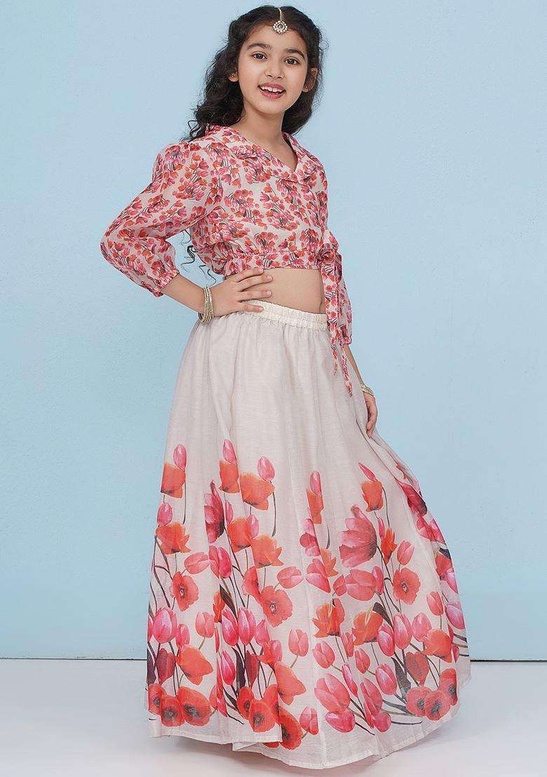 Grey Printed Silk Lehenga Set For Girls - Indya
