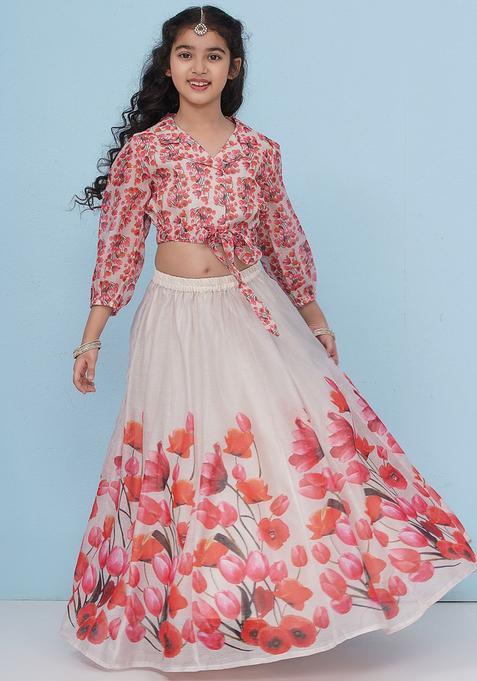 Grey Printed Silk Lehenga Set For Girls — view on Indya