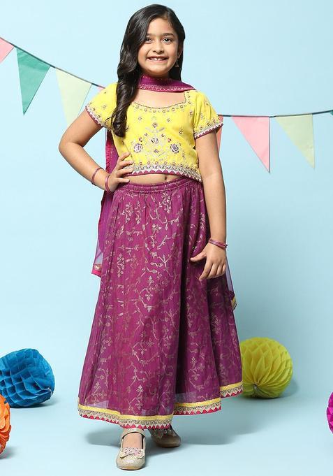 Yellow Embroidered Polyester Lehenga Set For Girls — view on Indya