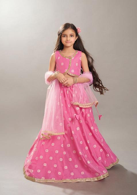 Pink Woven Design Silk Lehenga Set For Girls — view on Indya