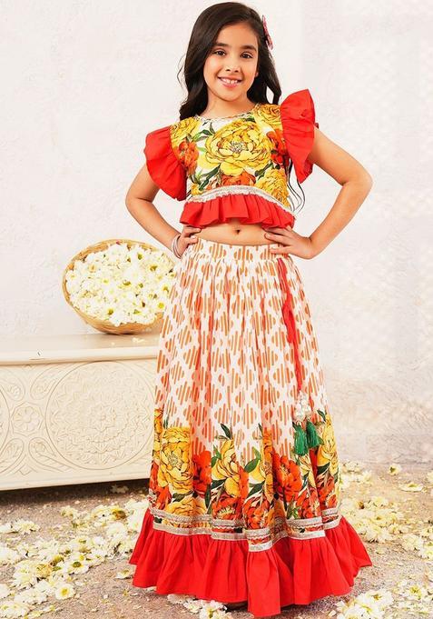 White Floral Cotton Lehenga Set For Girls — view on Indya