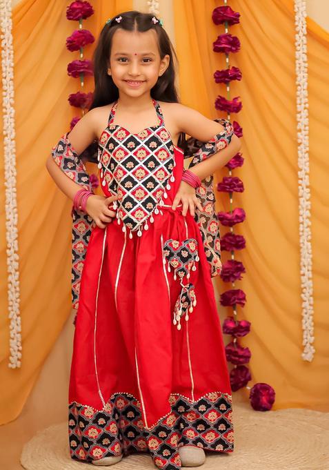 Red Printed Cotton Lehenga Set For Girls — view on Indya