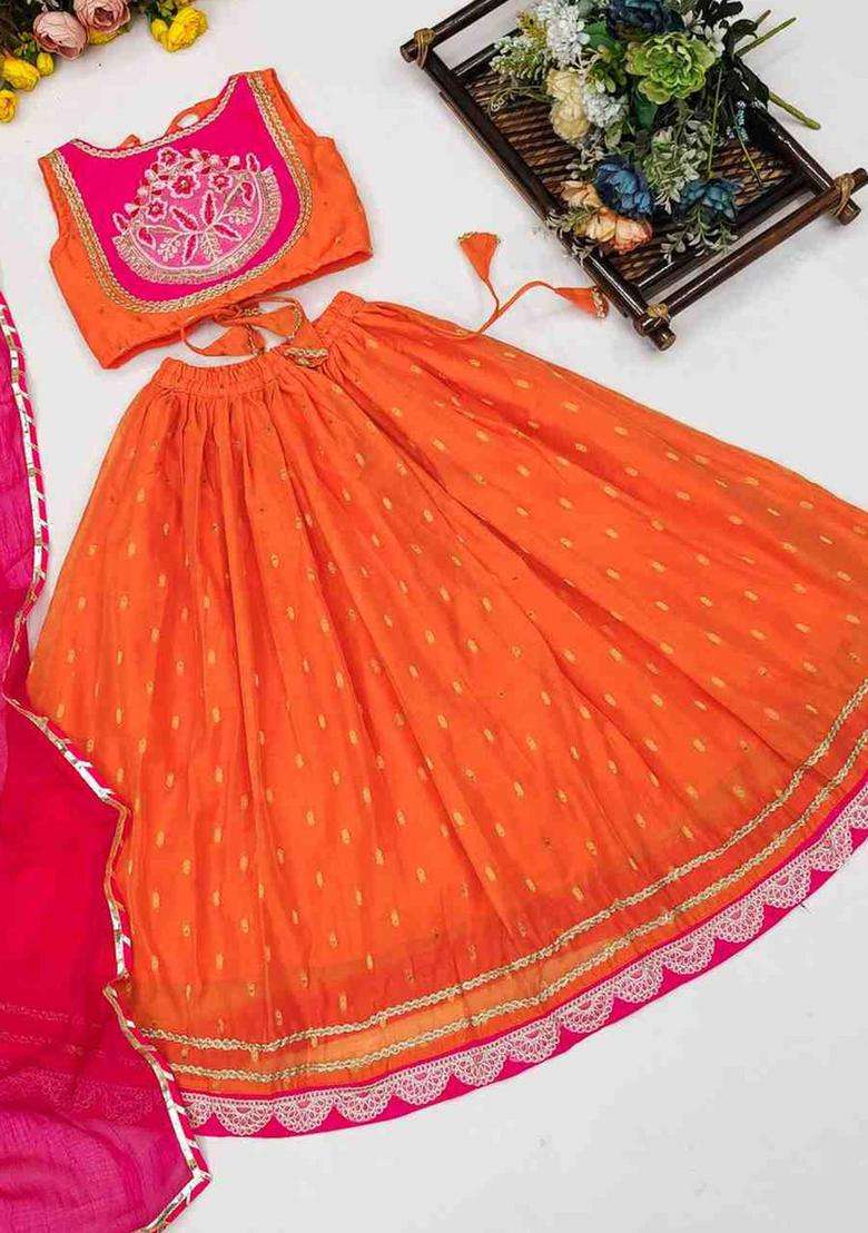 Orange Embroidered Net Lehenga Set For Girls - Indya
