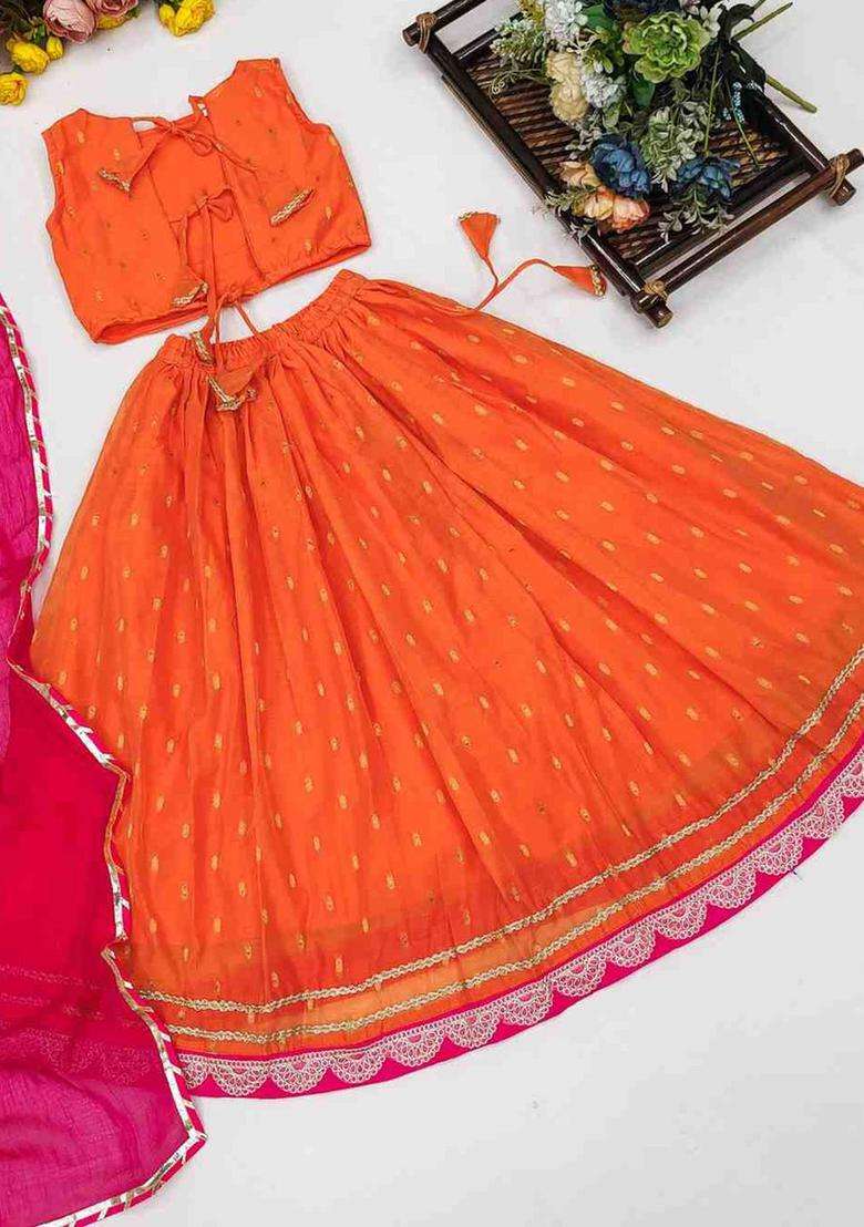 Orange Embroidered Net Lehenga Set For Girls - Indya
