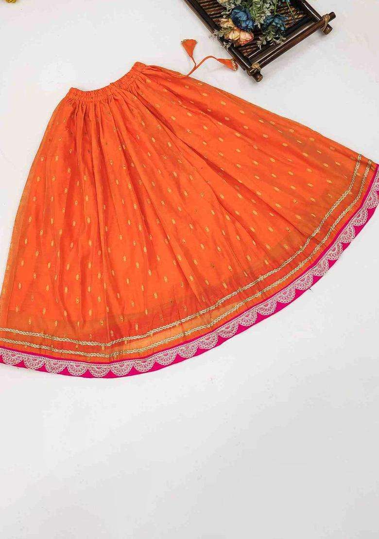 Orange Embroidered Net Lehenga Set For Girls - Indya