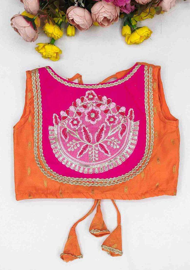 Orange Embroidered Net Lehenga Set For Girls - Indya