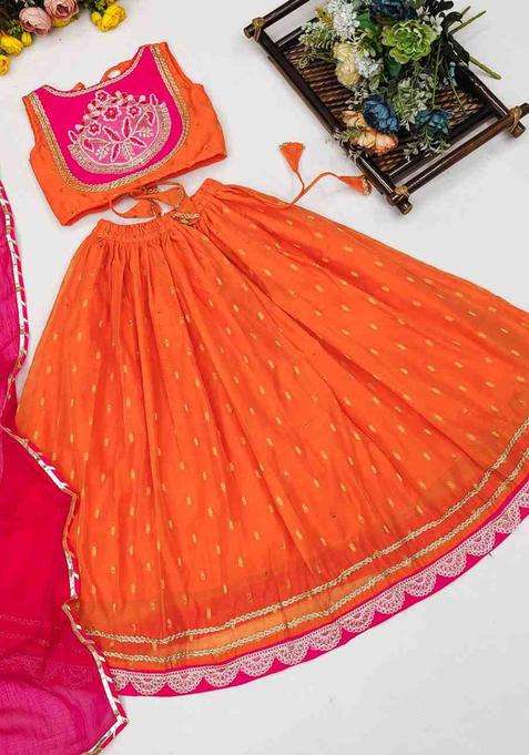 Orange Embroidered Net Lehenga Set For Girls