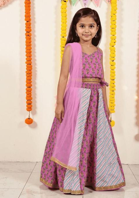 Pink Printed Cotton Lehenga Set For Girls — view on Indya