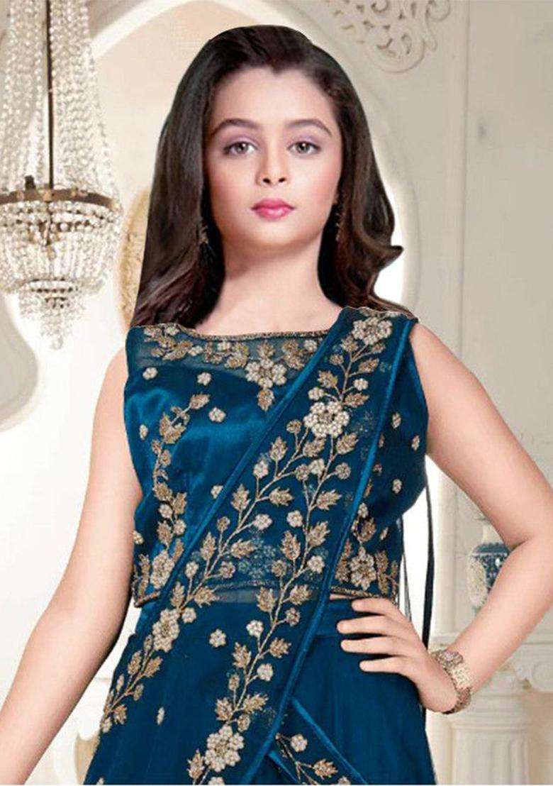 Blue Embellished Net Lehenga Set For Girls - Indya