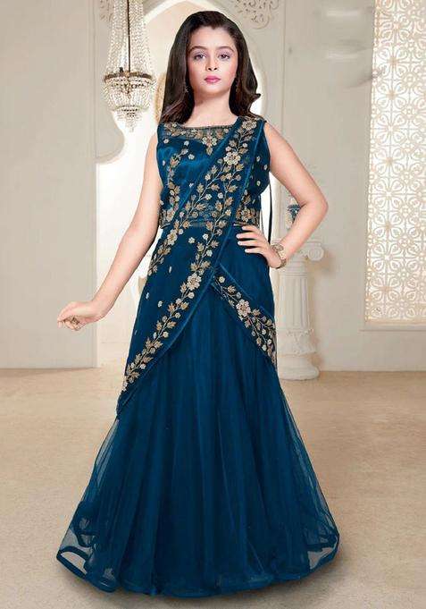 Blue Embellished Net Lehenga Set For Girls