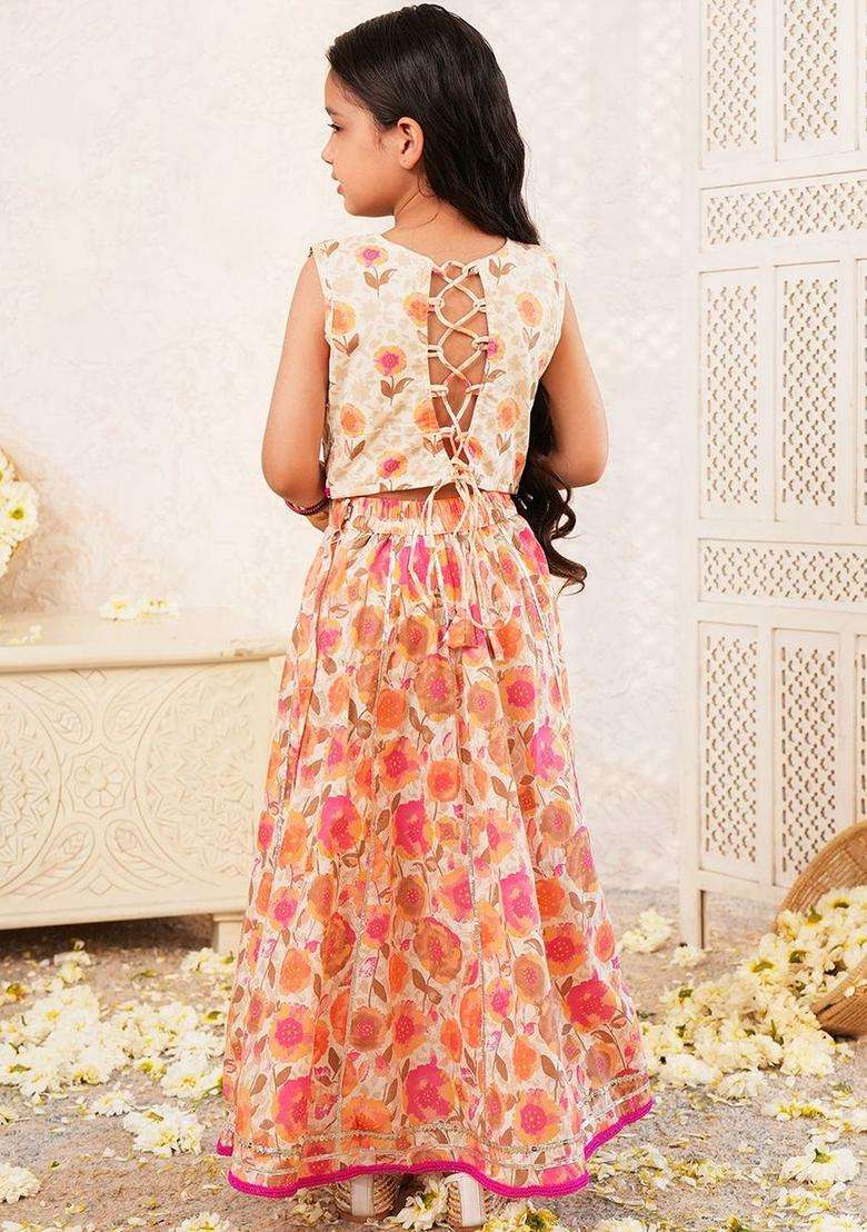 Beige Embroidered Georgette Lehenga Set For Girls - Indya