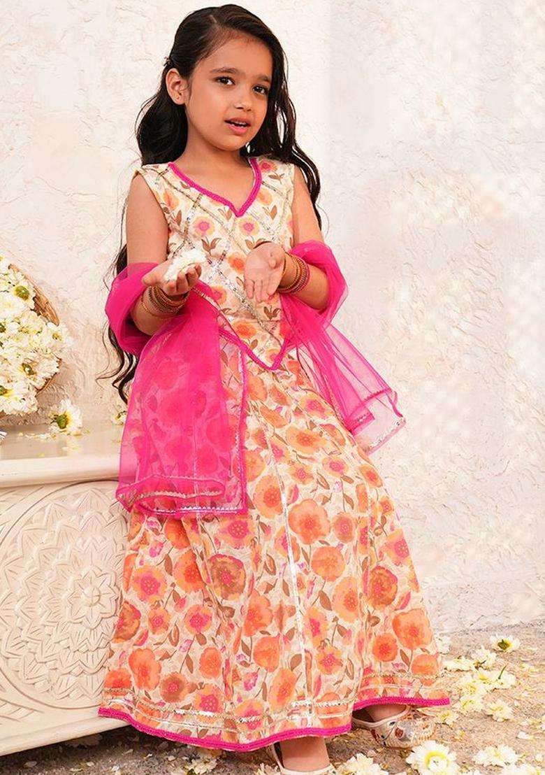 Beige Embroidered Georgette Lehenga Set For Girls - Indya