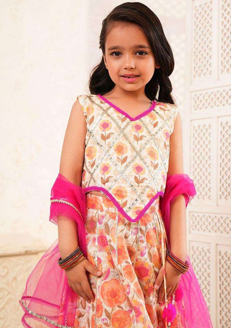 Beige Embroidered Georgette Lehenga Set For Girls - Indya