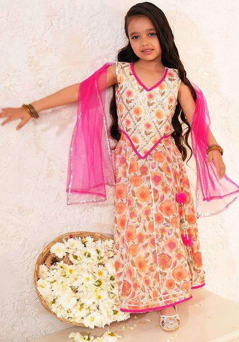 Beige Embroidered Georgette Lehenga Set For Girls