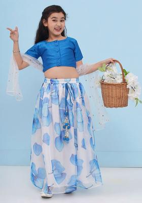 White Printed Organza Lehenga Set For Girls