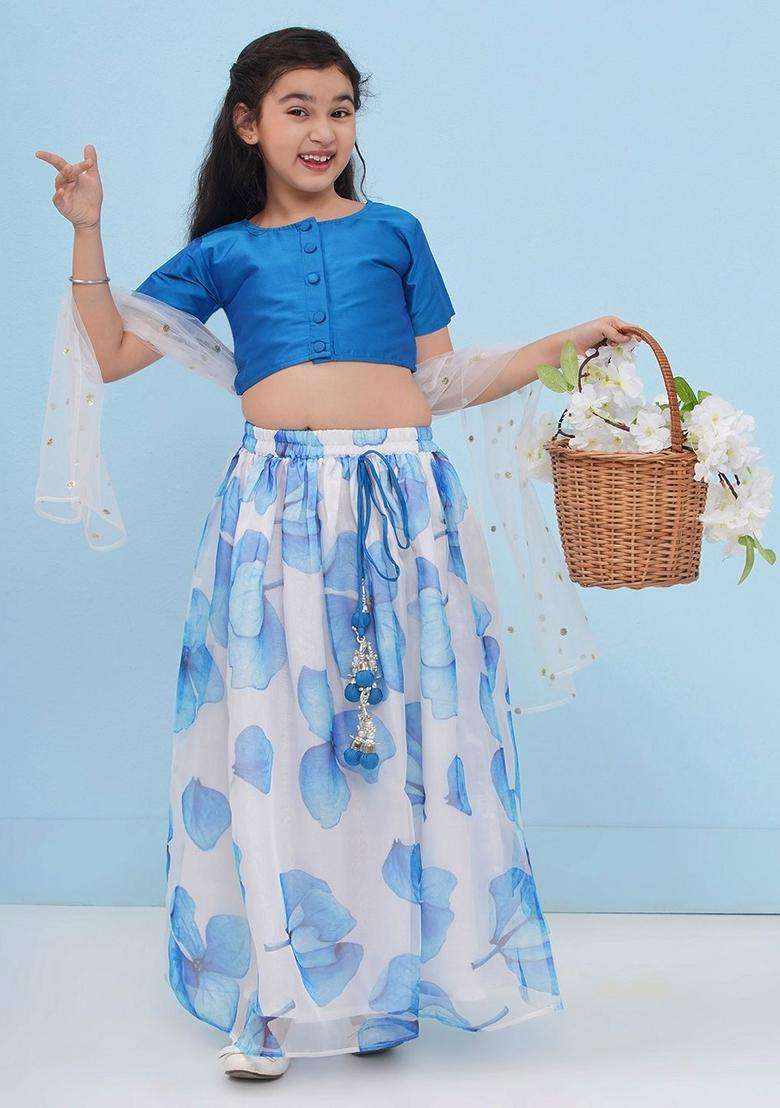 White Printed Organza Lehenga Set For Girls - Indya