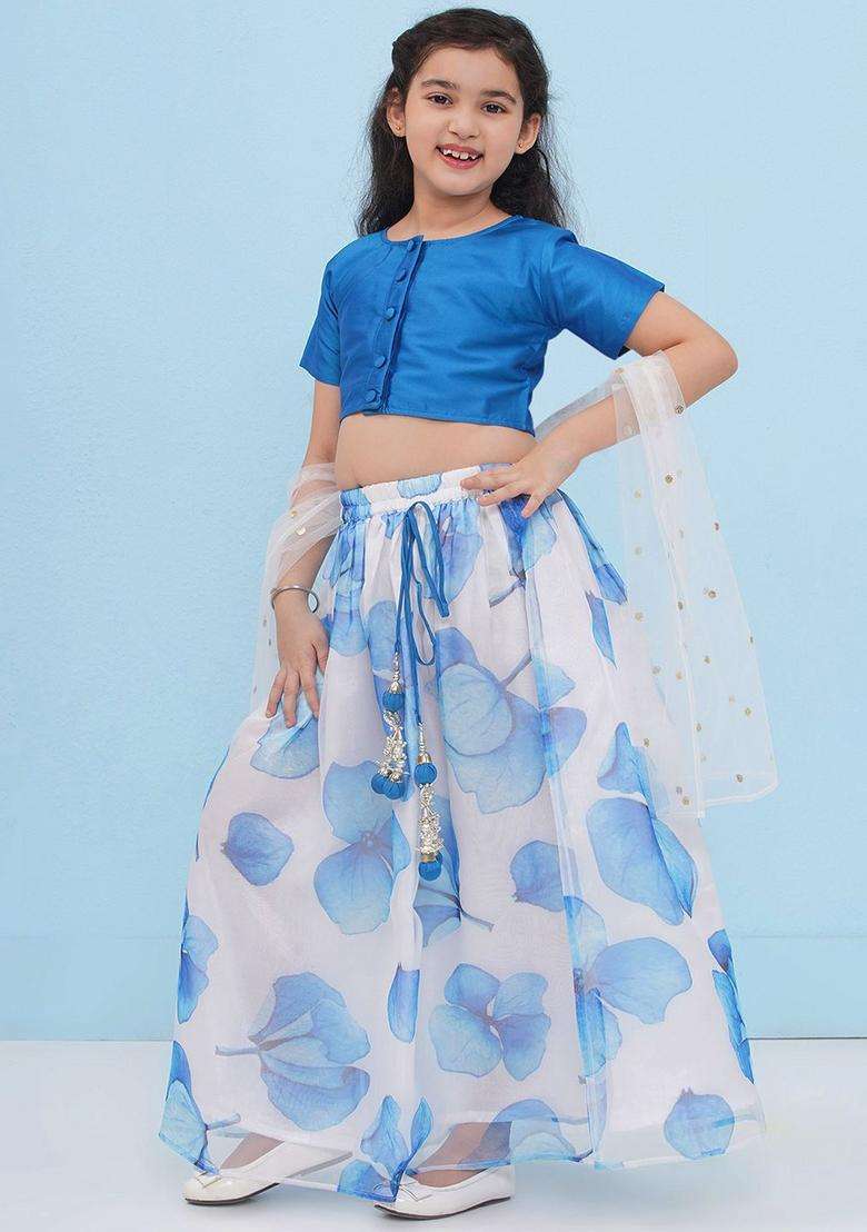 White Printed Organza Lehenga Set For Girls - Indya
