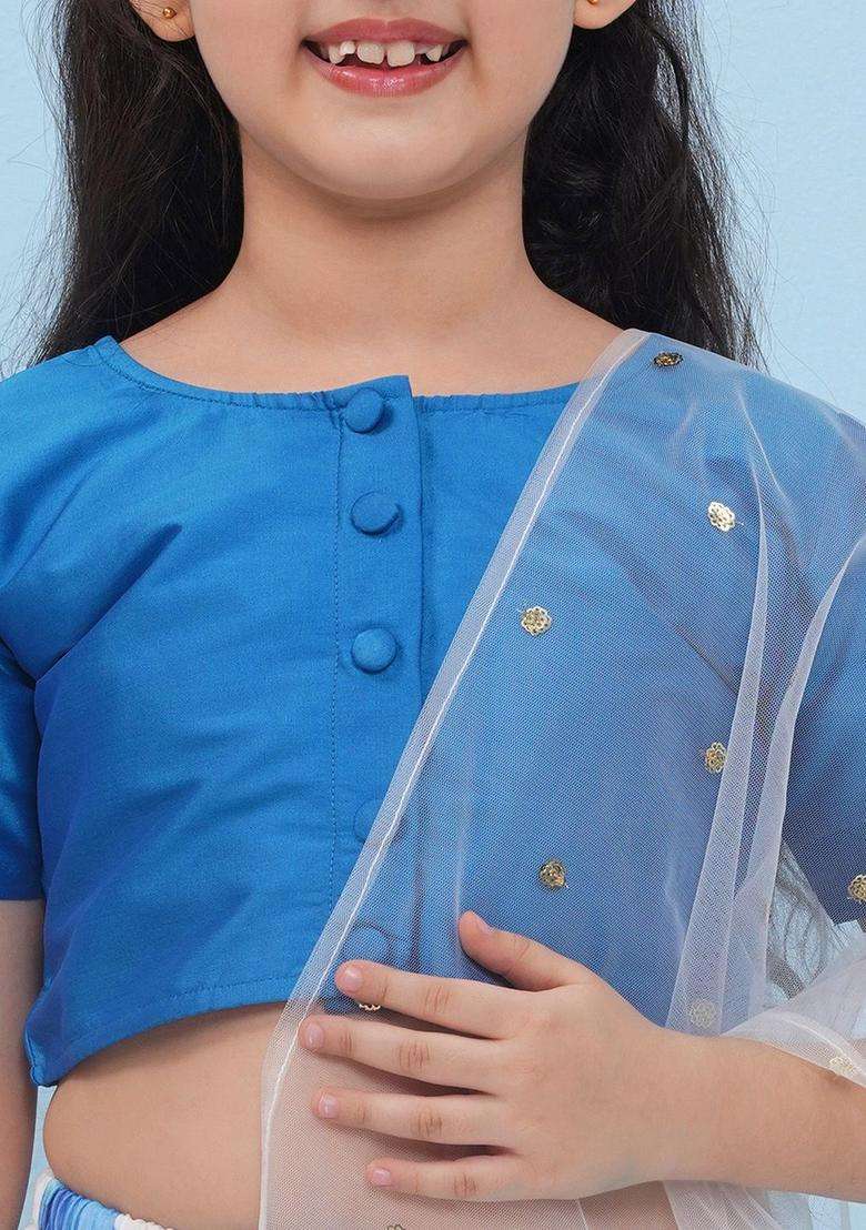 White Printed Organza Lehenga Set For Girls - Indya