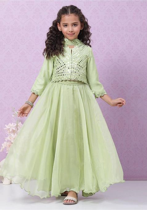 Green Embroidered Organza Lehenga Set For Girls — view on Indya