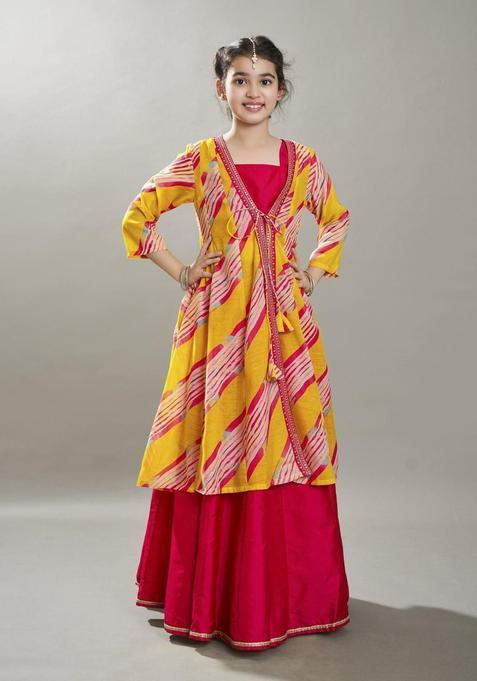 Yellow Printed Silk Lehenga Set For Girls — view on Indya