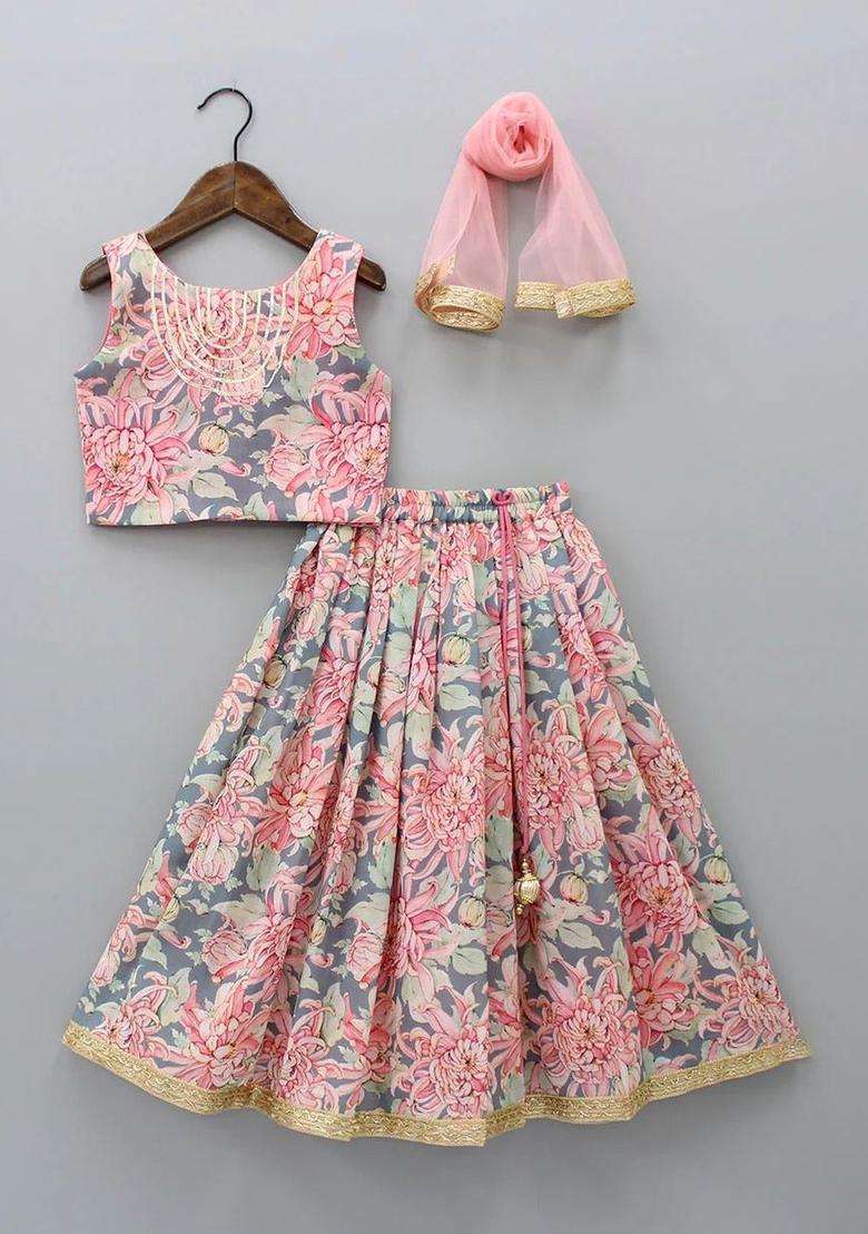 Pink Printed Silk Lehenga Set For Girls - Indya