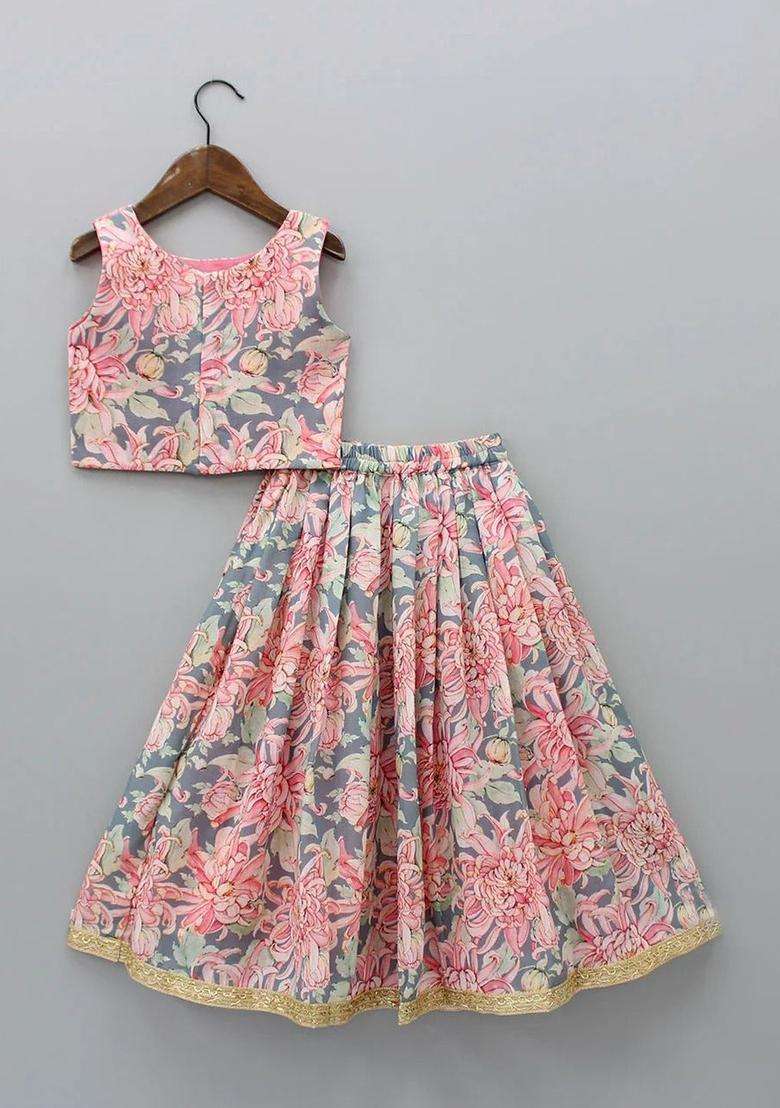 Pink Printed Silk Lehenga Set For Girls - Indya
