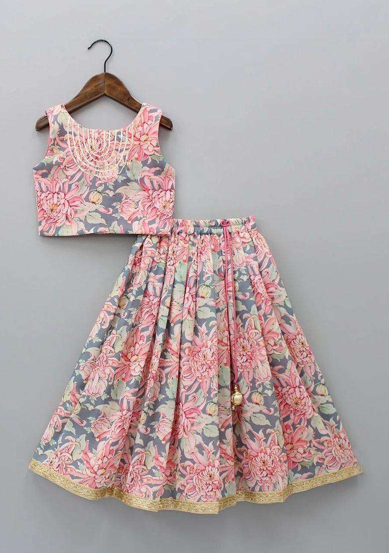 Pink Printed Silk Lehenga Set For Girls - Indya