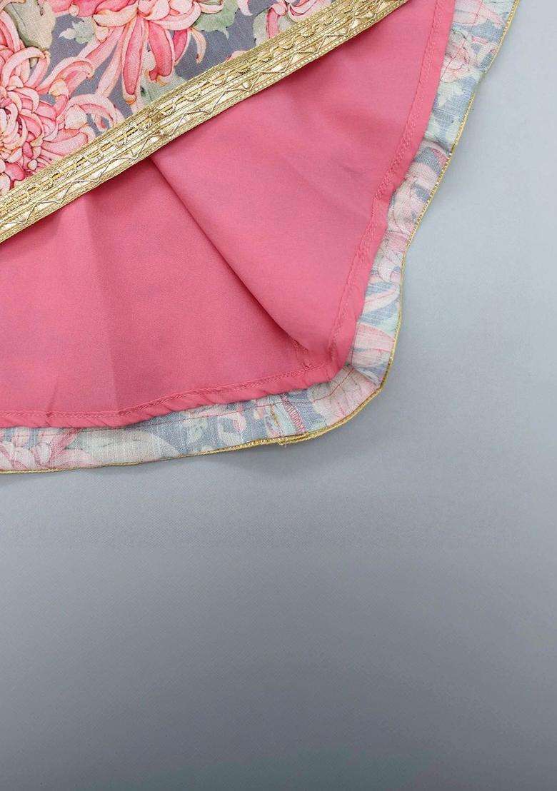 Pink Printed Silk Lehenga Set For Girls - Indya