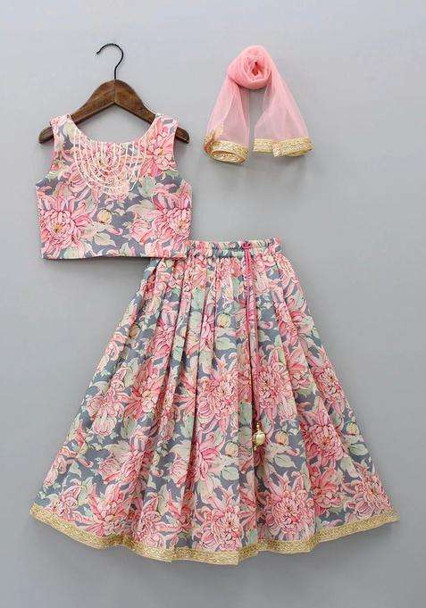 Pink Printed Silk Lehenga Set For Girls