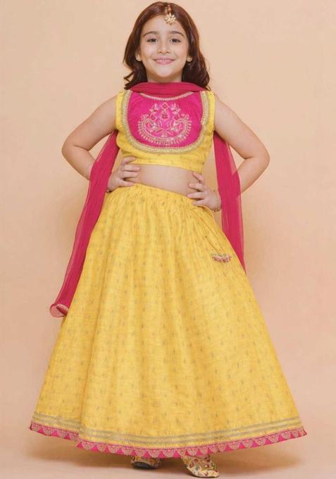 Yellow Embroidered Silk Lehenga Set For Girls — view on Indya