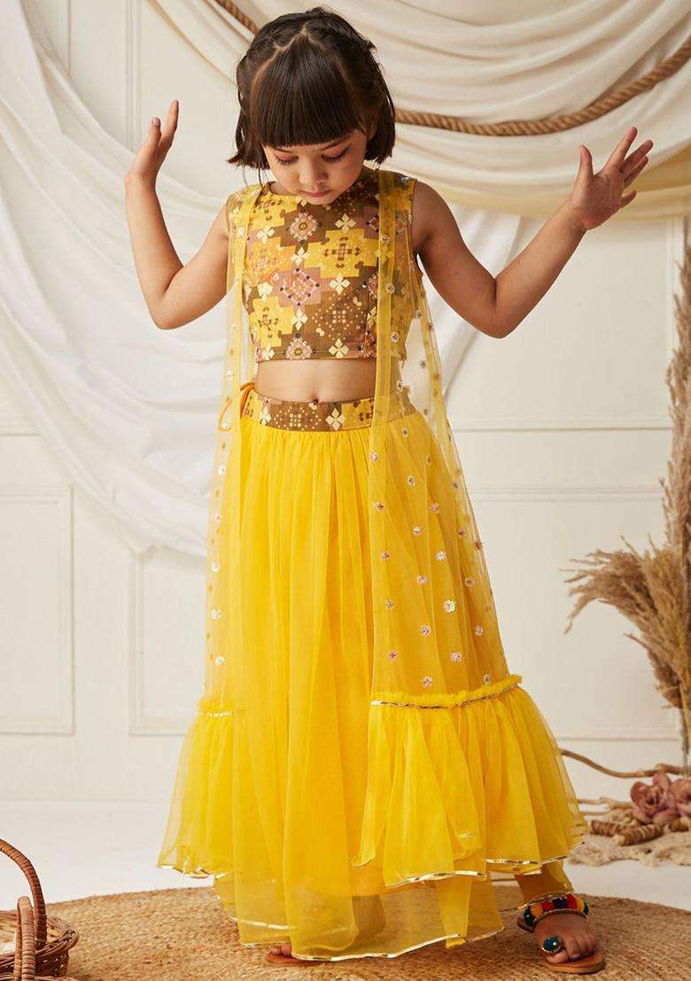 Yellow Printed Polyester Lehenga Set For Girls - Indya