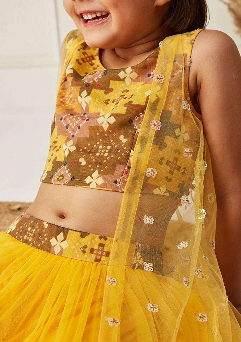 Yellow Printed Polyester Lehenga Set For Girls - Indya