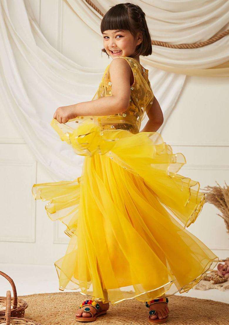 Yellow Printed Polyester Lehenga Set For Girls - Indya