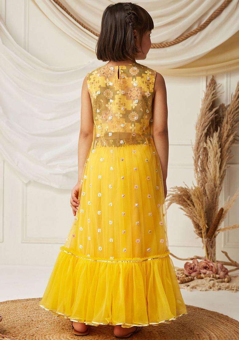 Yellow Printed Polyester Lehenga Set For Girls - Indya