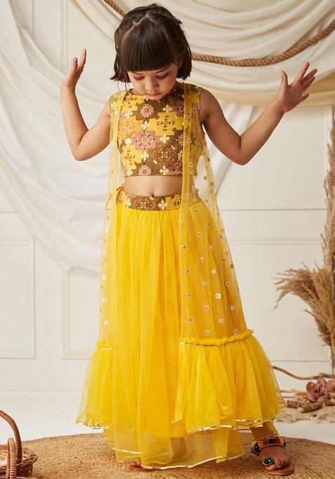 Yellow Printed Polyester Lehenga Set For Girls — view on Indya
