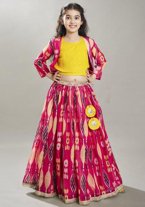 Pink Printed Silk Lehenga Set For Girls — view on Indya