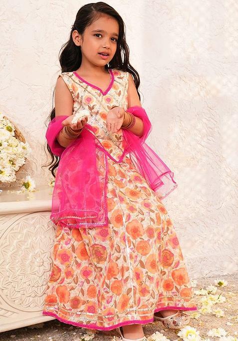 White Embellished Cotton Lehenga Set For Girls — view on Indya