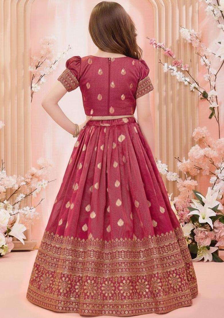 Maroon Embellished Silk Lehenga Set For Girls - Indya