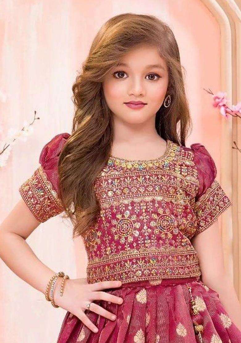Maroon Embellished Silk Lehenga Set For Girls - Indya