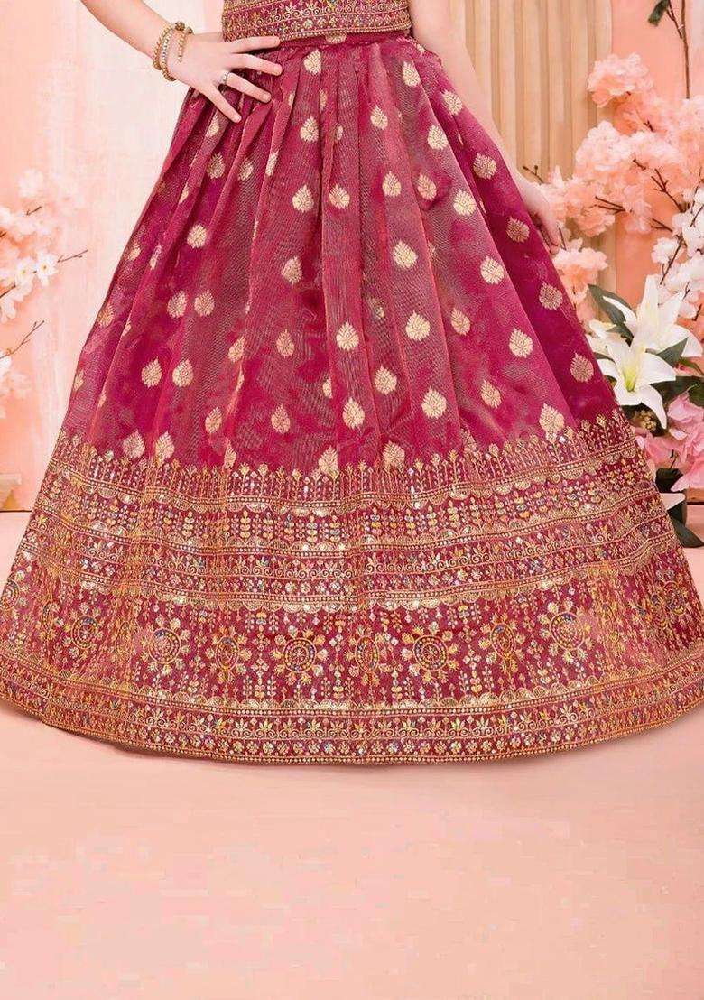 Maroon Embellished Silk Lehenga Set For Girls - Indya