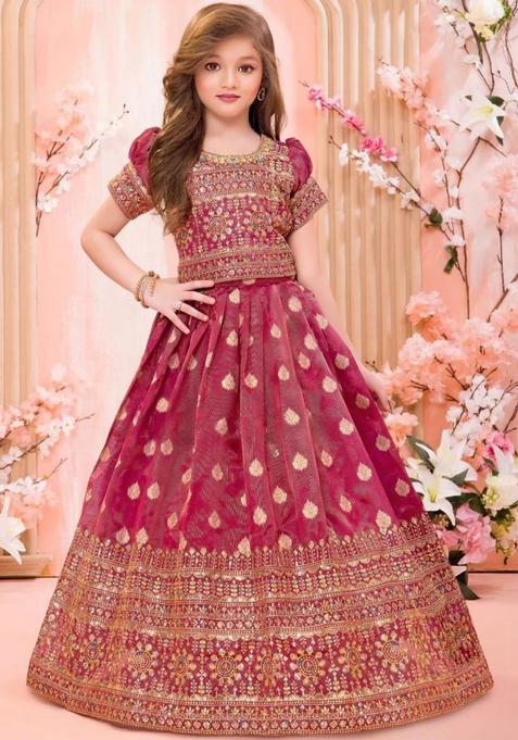 Maroon Embellished Silk Lehenga Set For Girls — view on Indya