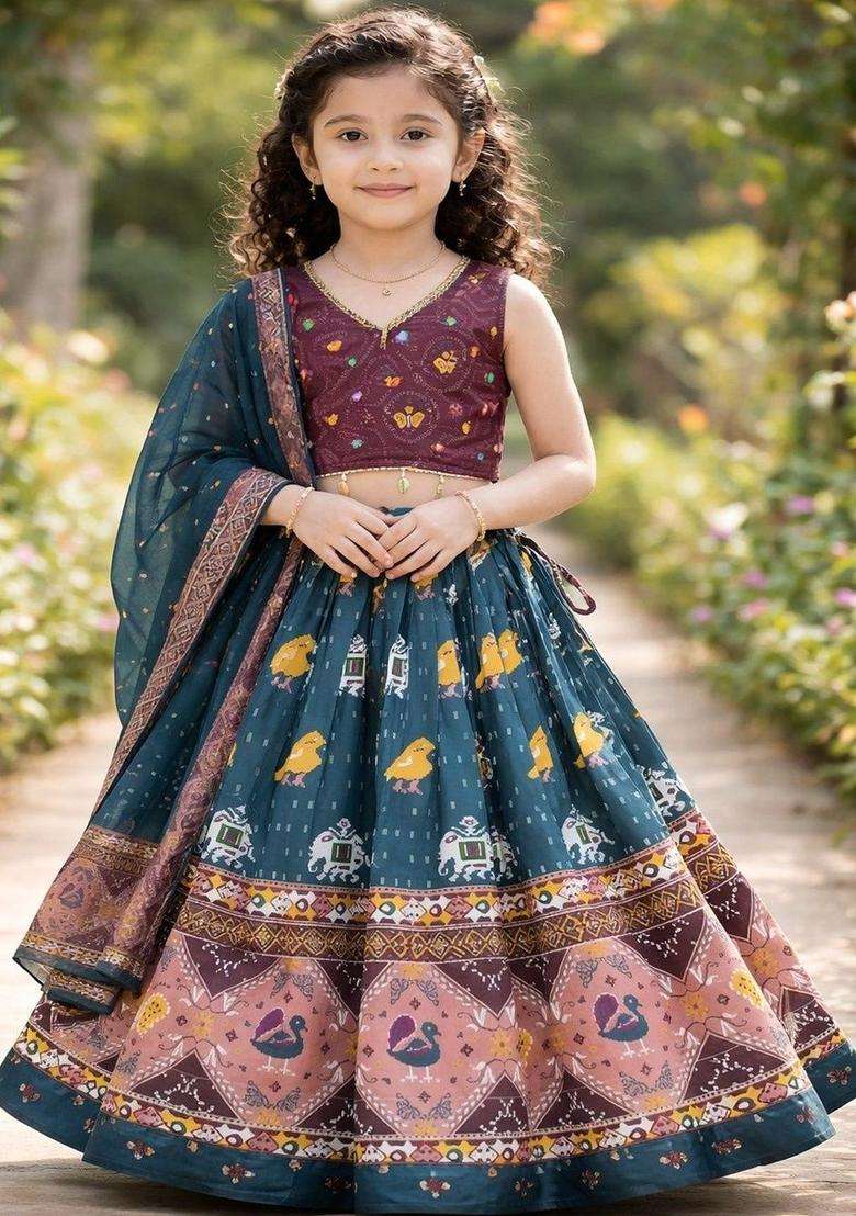 Multi Embroidered Cotton Lehenga Set For Girls - Indya