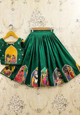 Green Embellished Viscose Lehenga Set For Girls