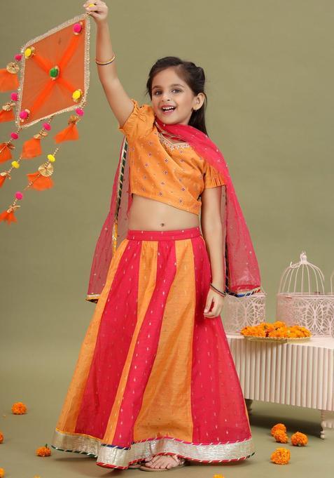 Orange Woven Design Silk Lehenga Set For Girls — view on Indya