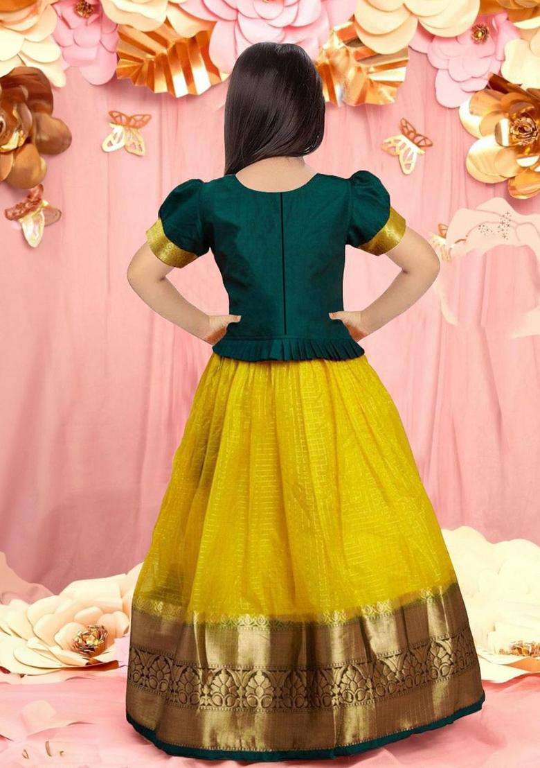 Yellow Embroidered Tissue Lehenga Set For Girls - Indya