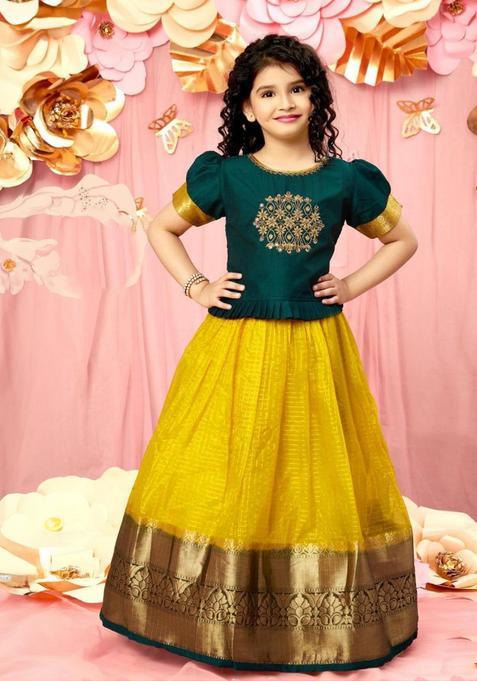 Yellow Embroidered Tissue Lehenga Set For Girls — view on Indya