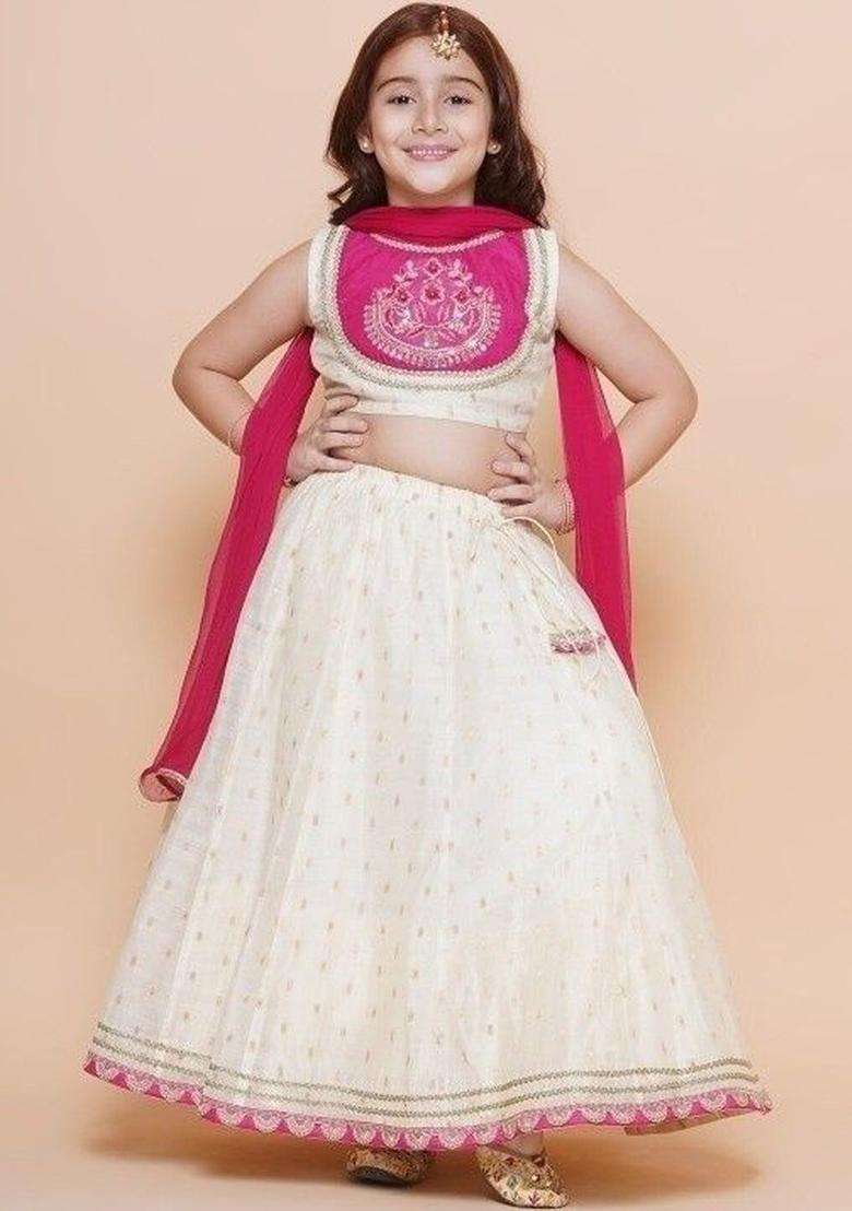 Beige Embellished Silk Lehenga Set For Girls - Indya