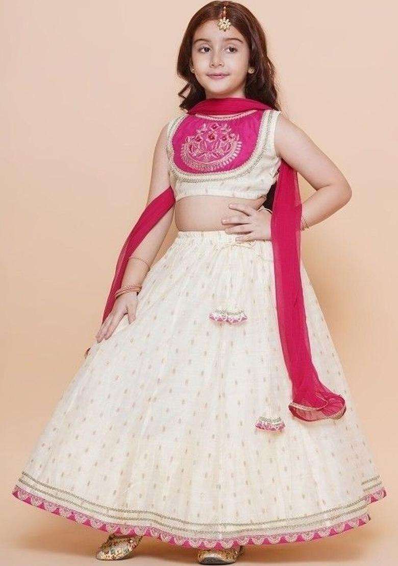 Beige Embellished Silk Lehenga Set For Girls - Indya